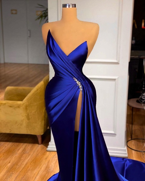 Modest Long Mermaid Royal Blue V-neck Sleeveless Prom Dress With Split_3