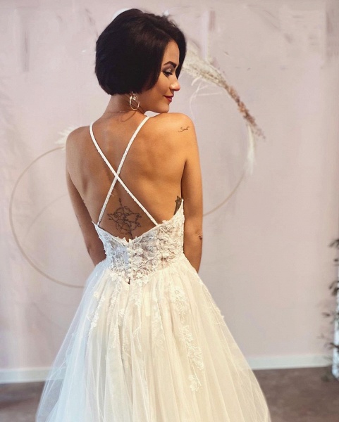 Long A-line Deep V-neck Tulle Spaghetti Straps Lace Backless Wedding Dress_3