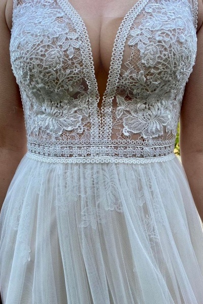 Elegant Long A-line V-neck Tulle Lace Backless Wedding Dresses_2