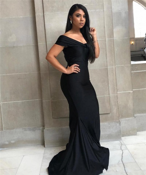 Black Off-the-shoulder Floor-length Backless Mermaid  Prom Dress_4