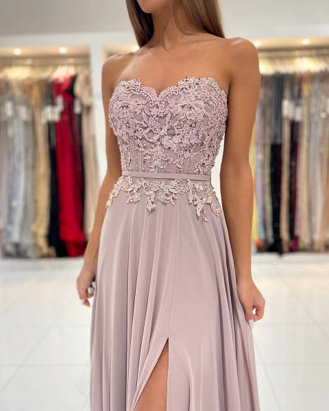 Elegant Sweetheart Appliques Lace Sheath Ruffles Prom Dress With Side Slit_7