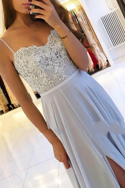 A-Line Spaghetti Straps Lace Floor-length Ruffles Prom Dress With Side Slit_4