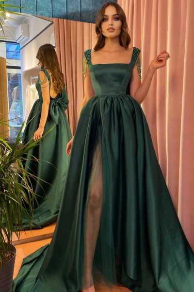 Unique Long A-line Dark Green Front Slit Open Back Prom Dress With Bow_1