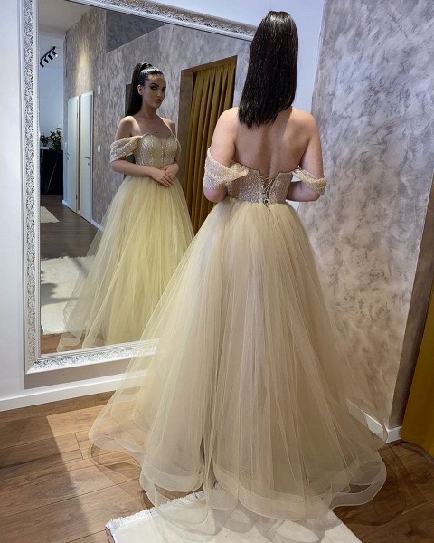 Classy Sweetheart Off-the-shoulder Beading A-Line Tulle Ruffles Wedding Dress_2