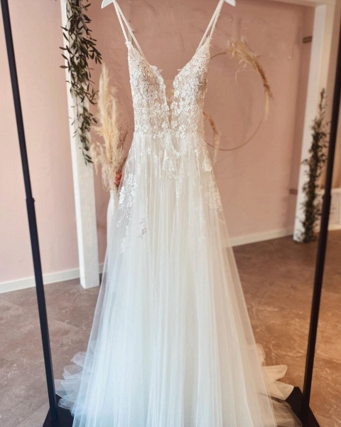 Long A-line Deep V-neck Tulle Spaghetti Straps Lace Backless Wedding Dress_2