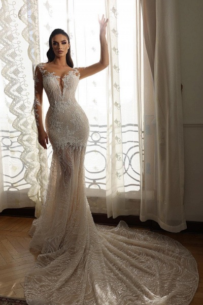 Long Mermaid Sweetheart Tulle Lace Wedding Dresses with Sleeves_2