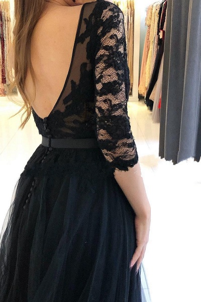 Bateau Long Sleeves Lace A-Line Ruffles Floor-length Prom Dress With Slit_3