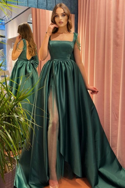 Unique Long A-line Dark Green Front Slit Open Back Prom Dress With Bow_2
