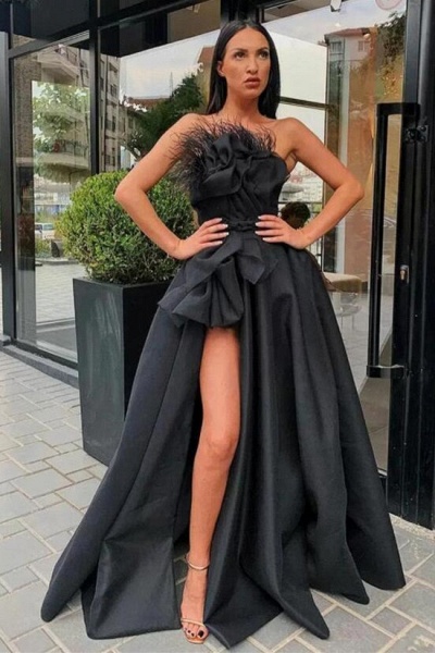 Vintage Black Long A-line Strapless Ruffles Formal Prom Dresses with Slit_1