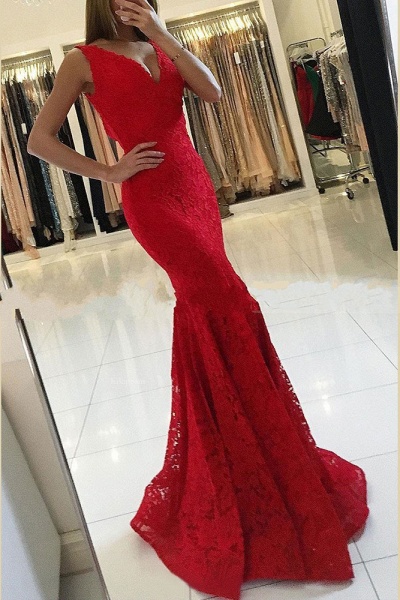 Glamorous Red Long Mermaid Deep V-neck Lace Prom Dress_3