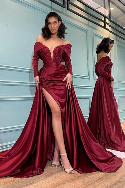 Long Sleeve Mermaid Off-the-shoulder Burgundy Prom Dress with Slit