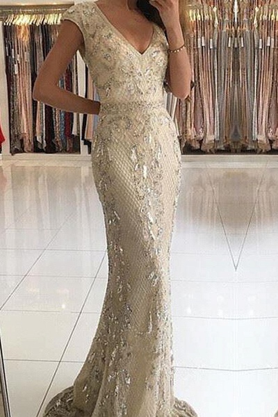 Glamorous Deep V-neck Wide Straps Beading Floor-length Mermaid Prom Dress_2