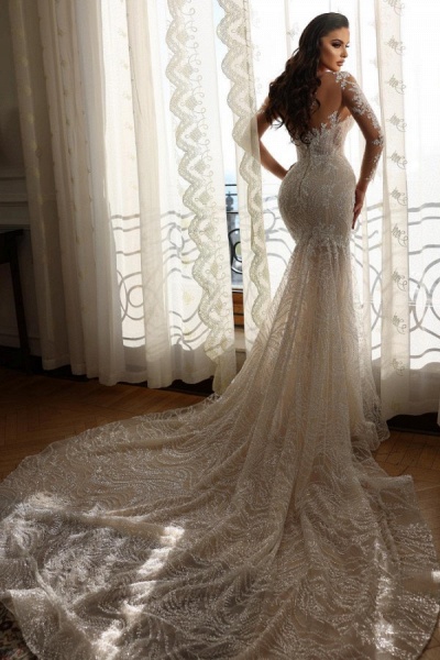 Long Mermaid Sweetheart Tulle Lace Wedding Dresses with Sleeves_4