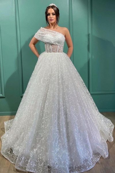 Gorgeous Long Princess One Shooulder Glitter Wedding Dress_1