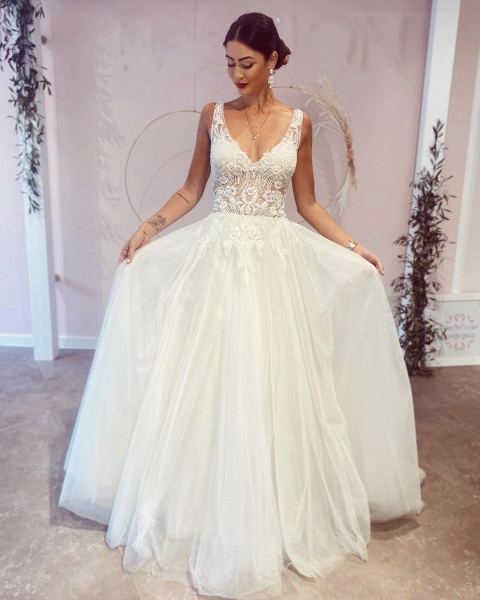Stunning A-Line Deep V-neck Backless Wedding Dress With Appliques Lace_1