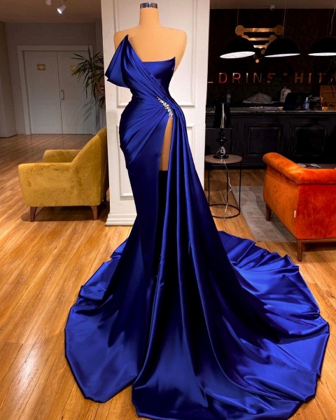 Sexy Long Mermaid Royal Blue Sleeveless Prom Dress With Split_3