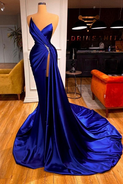 Modest Long Mermaid Royal Blue V-neck Sleeveless Prom Dress With Split_1