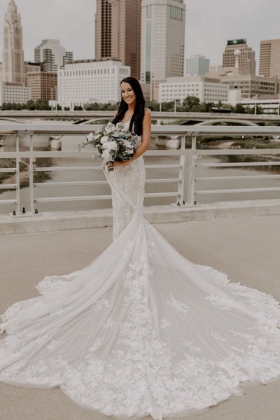 Elegant Long Mermaid V-neck Spaghetti Straps Lace Backless Wedding Dress_1