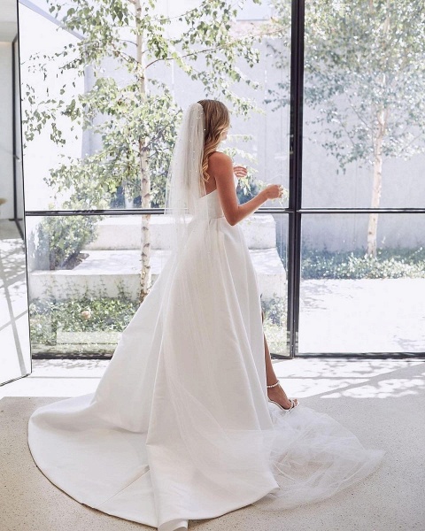 Amazing Sweetheart Satin A-Line Floor-length Ruffles Wedding Dress With Side Slit_5