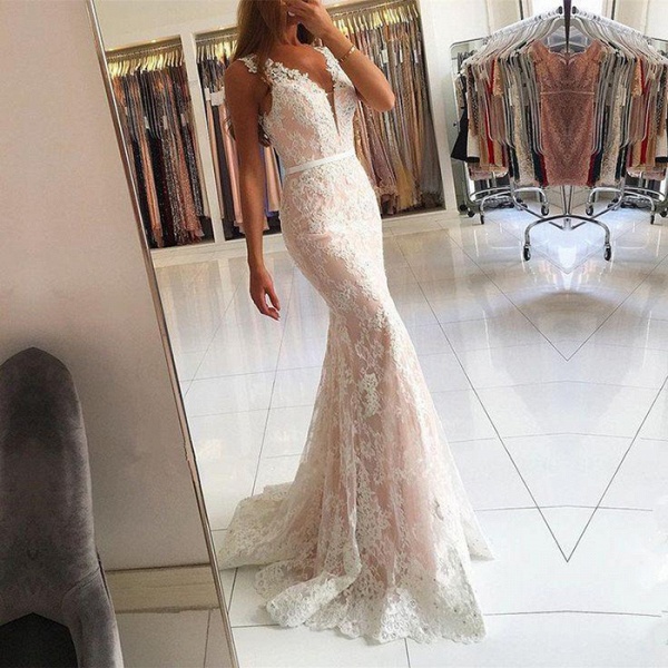 Elegant V-neck Wide Straps Lace Floor-length Mermaid Prom Dress_3