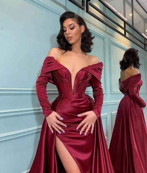 Long Sleeve Mermaid Off-the-shoulder Burgundy Prom Dress with Slit_3