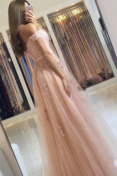 Elegant Off-the-shoulder Appliques Lace A-Line Ruffles Floor-length Prom Dress_4
