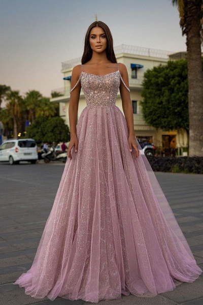 Sparkly Long A-line Spaghetti Strapes Sequined Tulle Formal Prom Dress_1