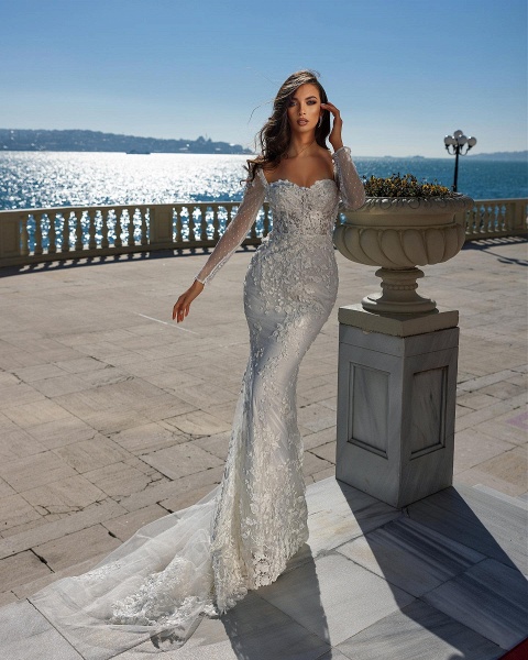 Gorgeous Sweetheart Long Sleeve Lace Mermaid Wedding Dress With Detachable Train_2