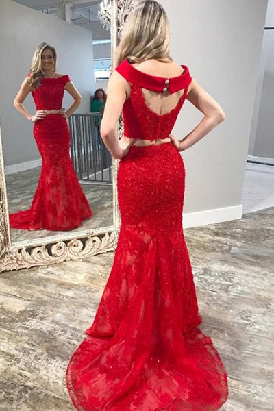 Glamorous Off-the-shoulder Backless Lace Floor-length Mermaid Prom Dress_2