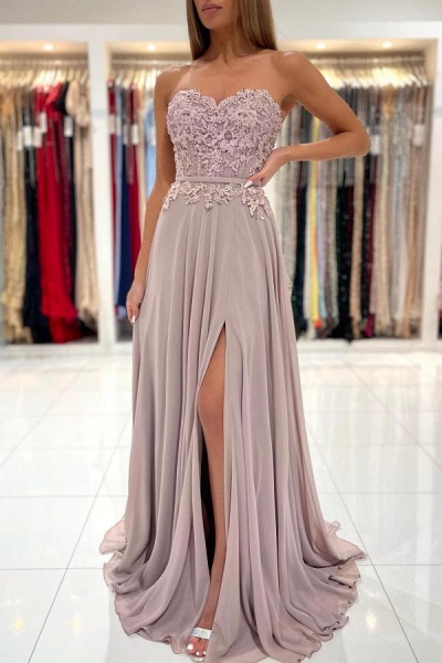 Elegant Sweetheart Appliques Lace Sheath Ruffles Prom Dress With Side Slit_1