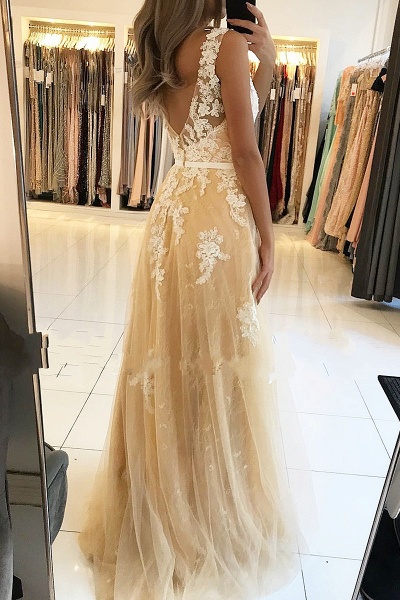 Stunning V-neck Open Back Lace Floor-length A-Line Ruffles Prom Dress_3
