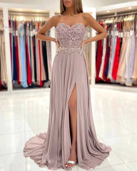 Elegant Sweetheart Appliques Lace Sheath Ruffles Prom Dress With Side Slit_5