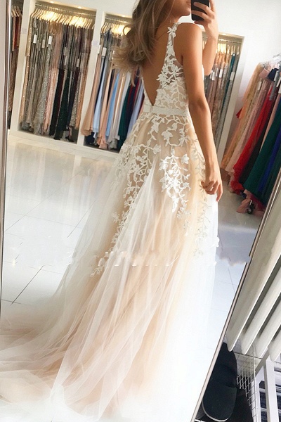 Delicate V-neck Open Back Lace Floor-length A-Line Ruffles Prom Dress_3