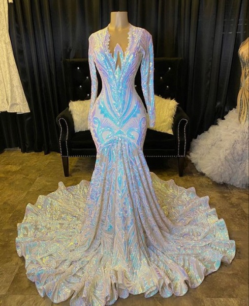 Shimmers V-neck Sequins Appliques Long Sleeve Floor-length Mermaid Prom Dresses_2