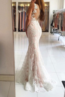 Elegant V-neck Wide Straps Lace Floor-length Mermaid Prom Dress_4