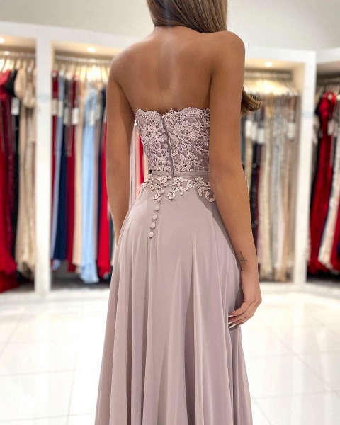 Elegant Sweetheart Appliques Lace Sheath Ruffles Prom Dress With Side Slit_3