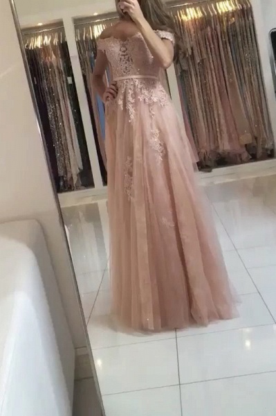 Elegant Off-the-shoulder Appliques Lace A-Line Ruffles Floor-length Prom Dress_3