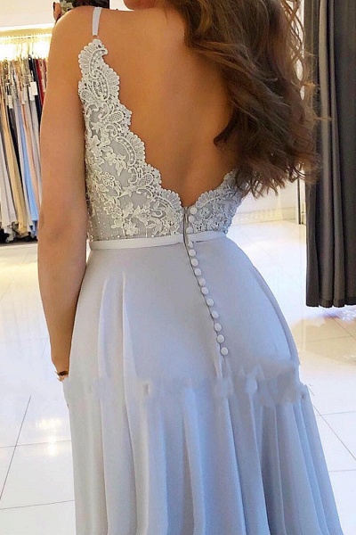 A-Line Spaghetti Straps Lace Floor-length Ruffles Prom Dress With Side Slit_3