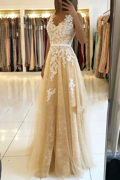 Stunning V-neck Open Back Lace Floor-length A-Line Ruffles Prom Dress_2