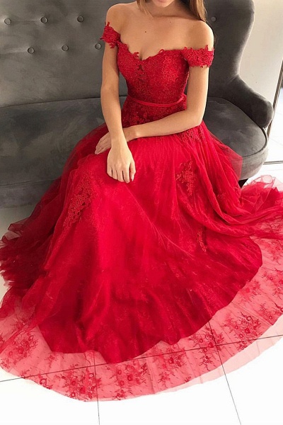 Classy Off-the-shoulder Lace A-Line Ruffles Floor-length Prom Dress_3