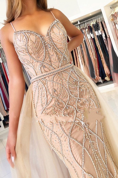 Spaghetti Straps Sweetheart Beading Mermaid Prom Dress With Tulle Train_4