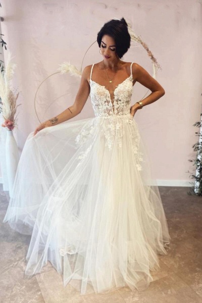 Long A-line Deep V-neck Tulle Spaghetti Straps Lace Backless Wedding Dress_1