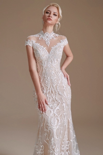 Vintage Long Mermaid High-neck Lace Wedding Dress with sleeves_7