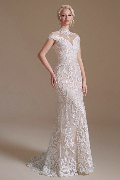Vintage Long Mermaid High-neck Lace Wedding Dress with sleeves_3