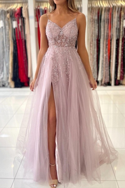 Luxury Long A-line V-neck Tulle Glitter Dusty Pink Prom Dress with Slit_2