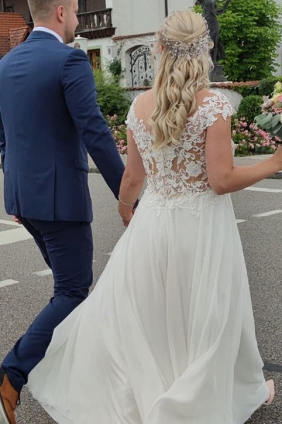 Elegantes, langes, ärmelloses Chiffon-Hochzeitskleid in A-Linie mit Spitzenapplikationen_4
