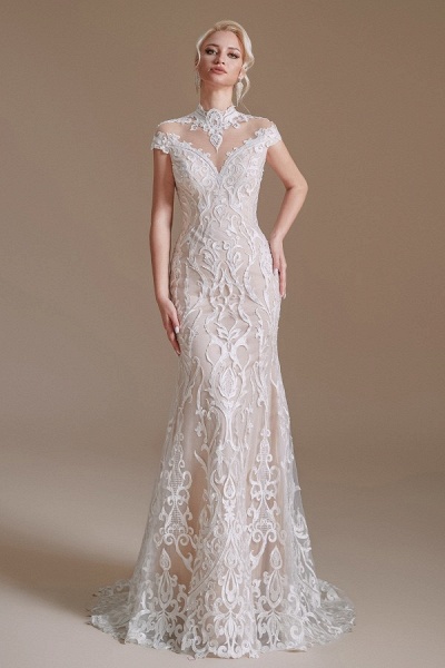 Vintage Long Mermaid High-neck Lace Wedding Dress with sleeves_2