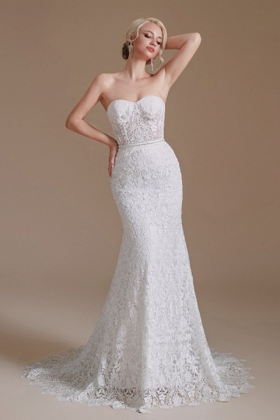 Beautiful Long Mermaid Sweetheart Lace Wedding Dresses with Detachable Sleeves_4