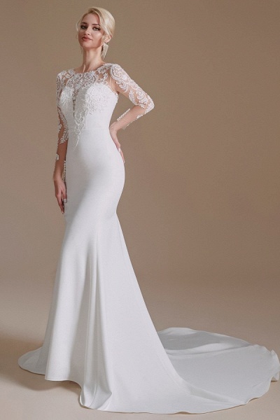 Elegant Long Mermaid Jewel Satin Lace Wedding Dress with Sleeves_3