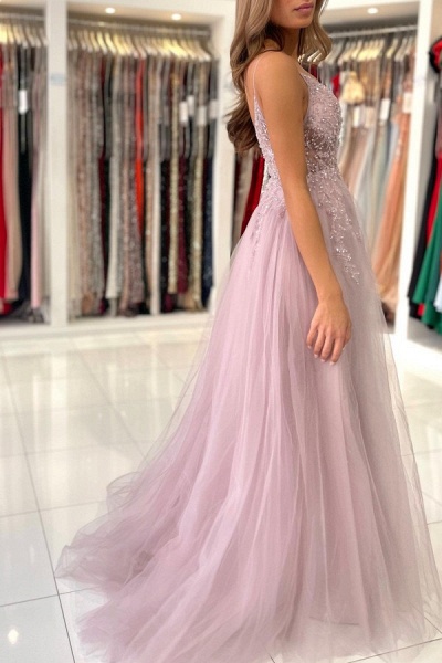 Luxury Long A-line V-neck Tulle Glitter Dusty Pink Prom Dress with Slit_6